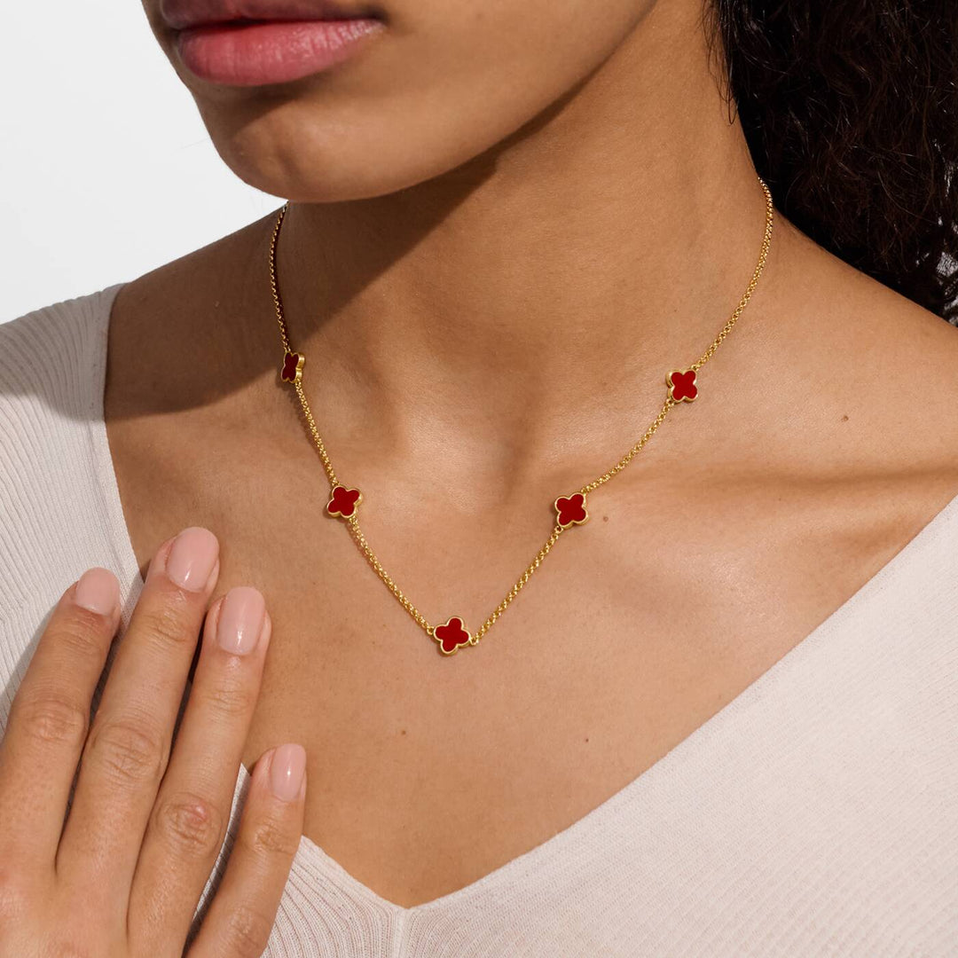 Joma Jewellery Signature Clover Collection Red Clover Gold Plated Necklace