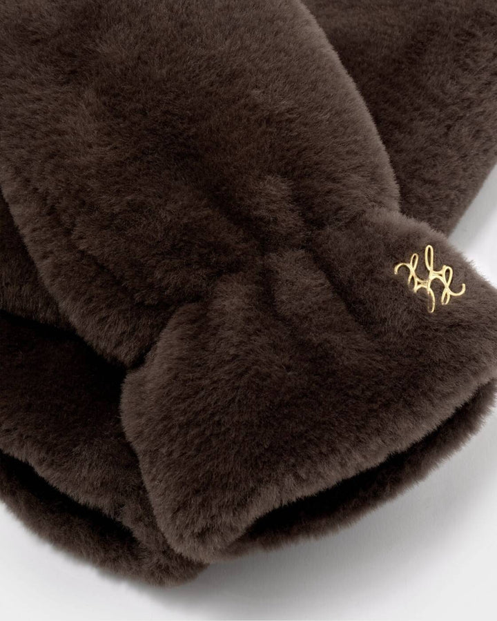 Katie Loxton Faux Fur Mittens With Cord Chocolate