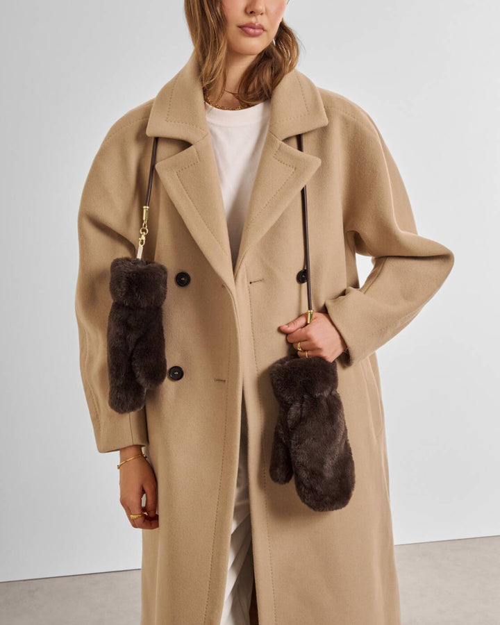 Katie Loxton Faux Fur Mittens With Cord Chocolate
