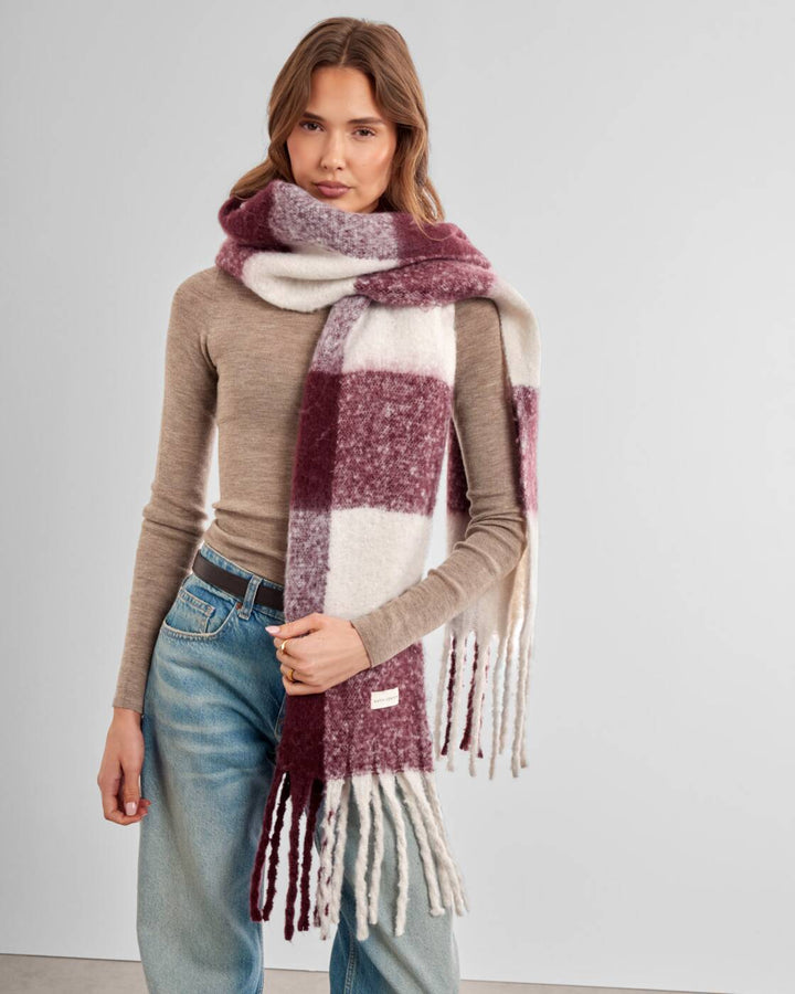 Katie Loxton Recycled Checked Tassel Scarf Cherry Off White