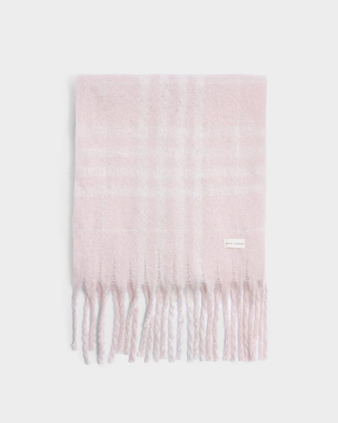 Katie Loxton Recycled Striped Tassel Scarf Blush Pink White Plaid