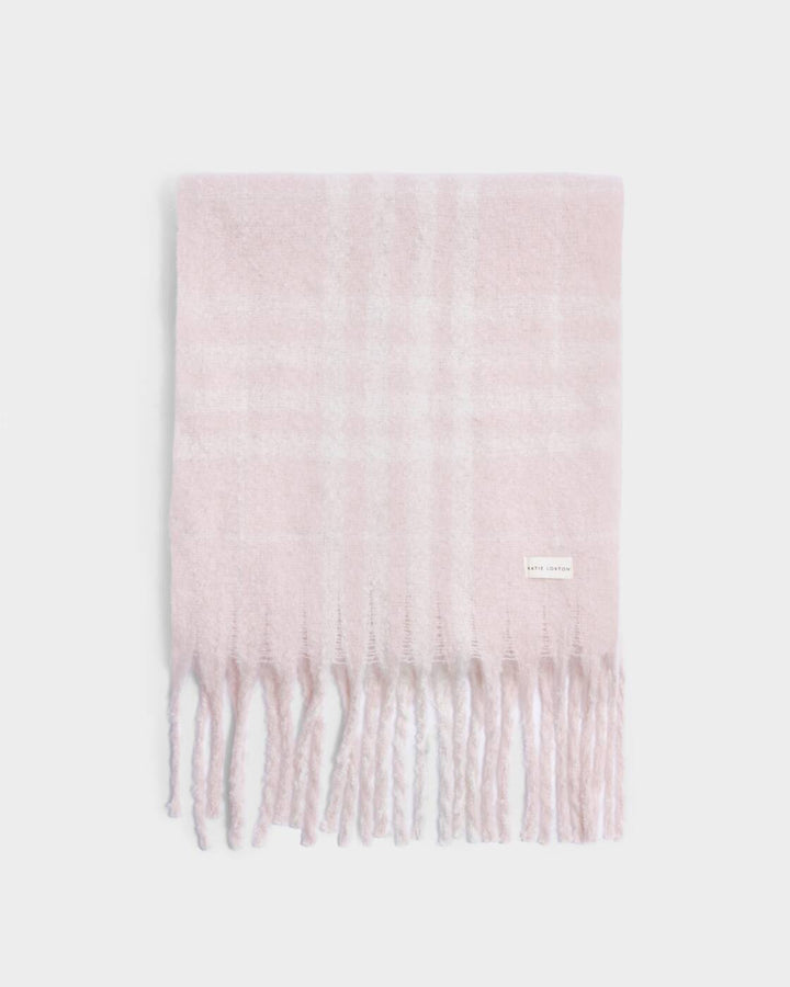 Katie Loxton Recycled Striped Tassel Scarf Blush Pink White Plaid
