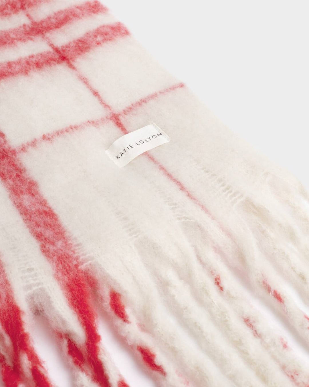 Katie Loxton Recycled Striped Tassel Scarf Off White Red Plaid
