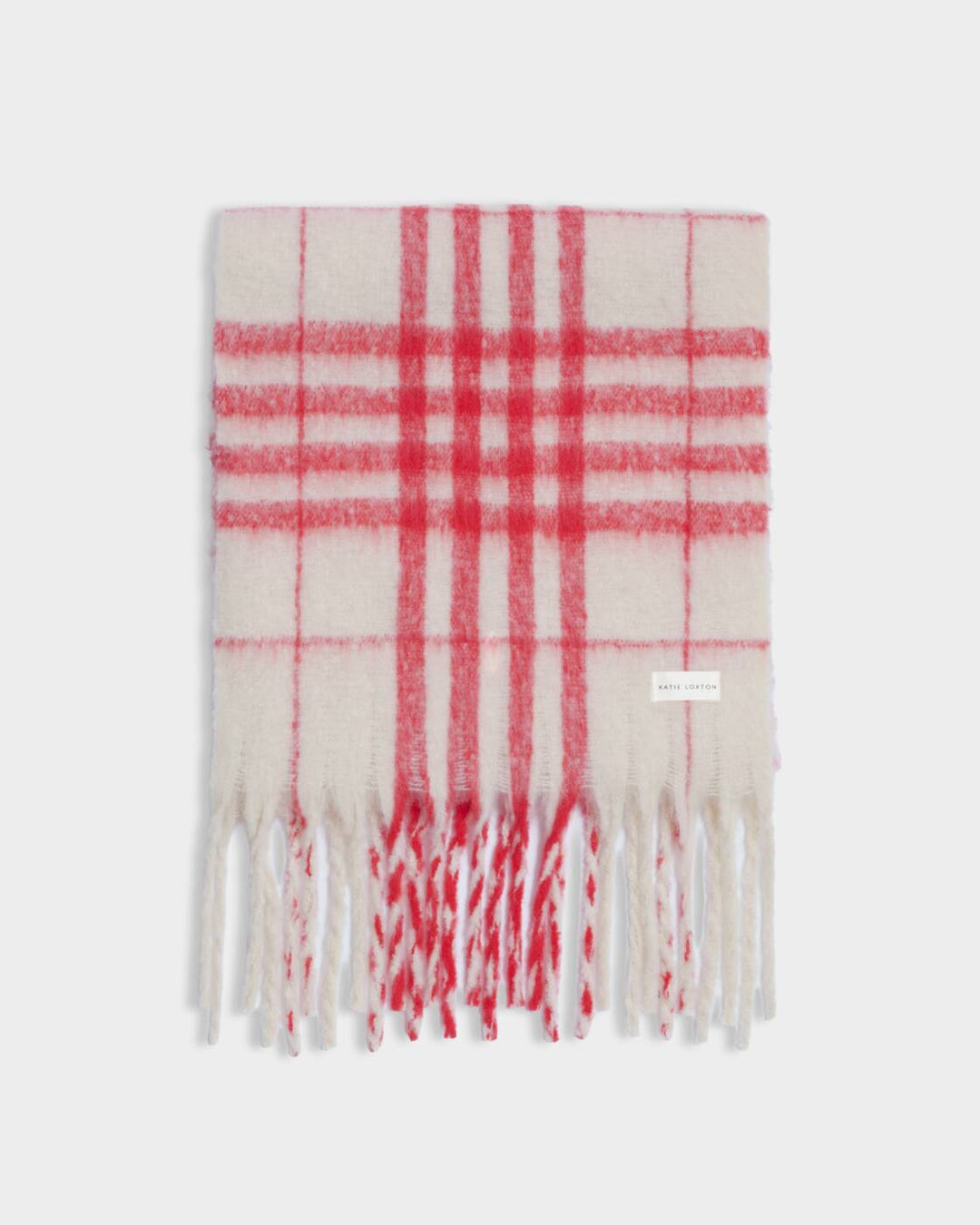 Katie Loxton Recycled Striped Tassel Scarf Off White Red Plaid