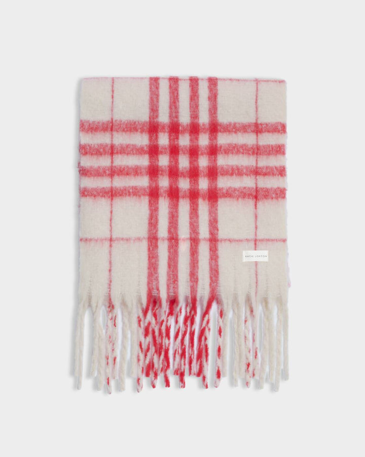 Katie Loxton Recycled Striped Tassel Scarf Off White Red Plaid