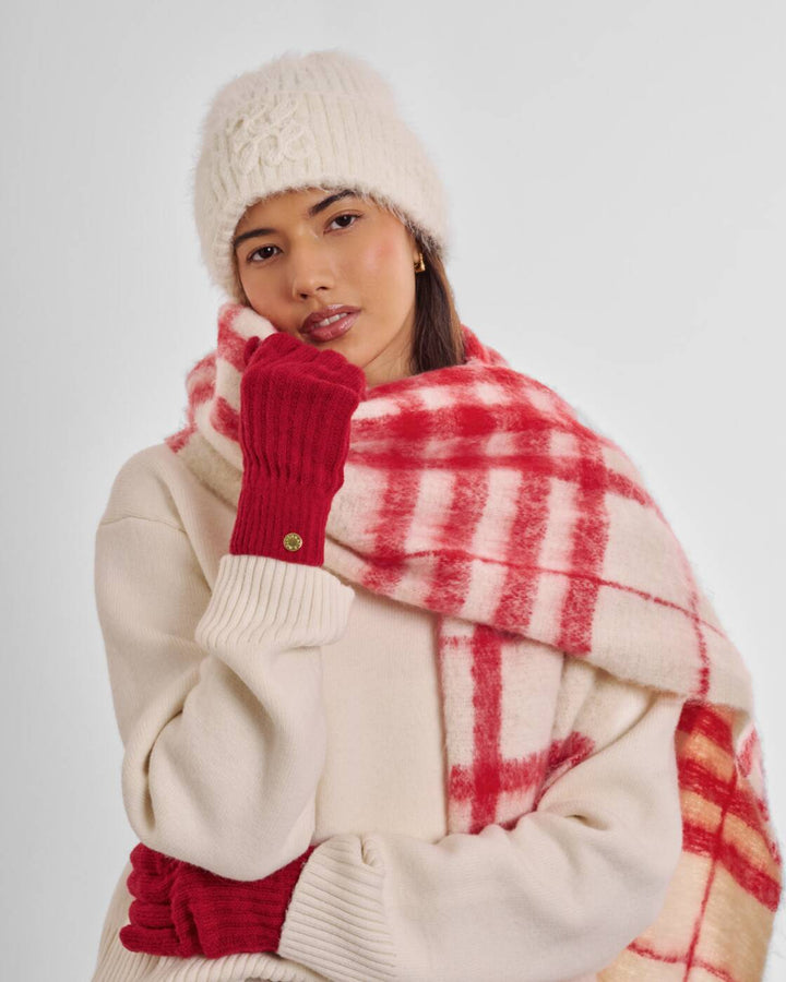 Katie Loxton Recycled Striped Tassel Scarf Off White Red Plaid