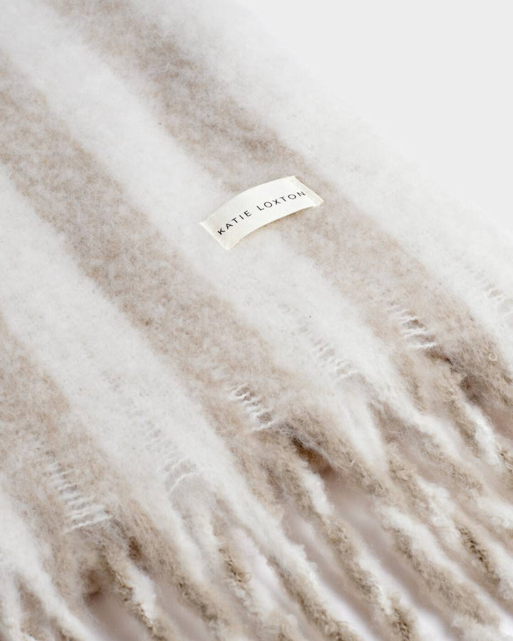 Katie Loxton Recycled Striped Tassel Scarf Off White Sand