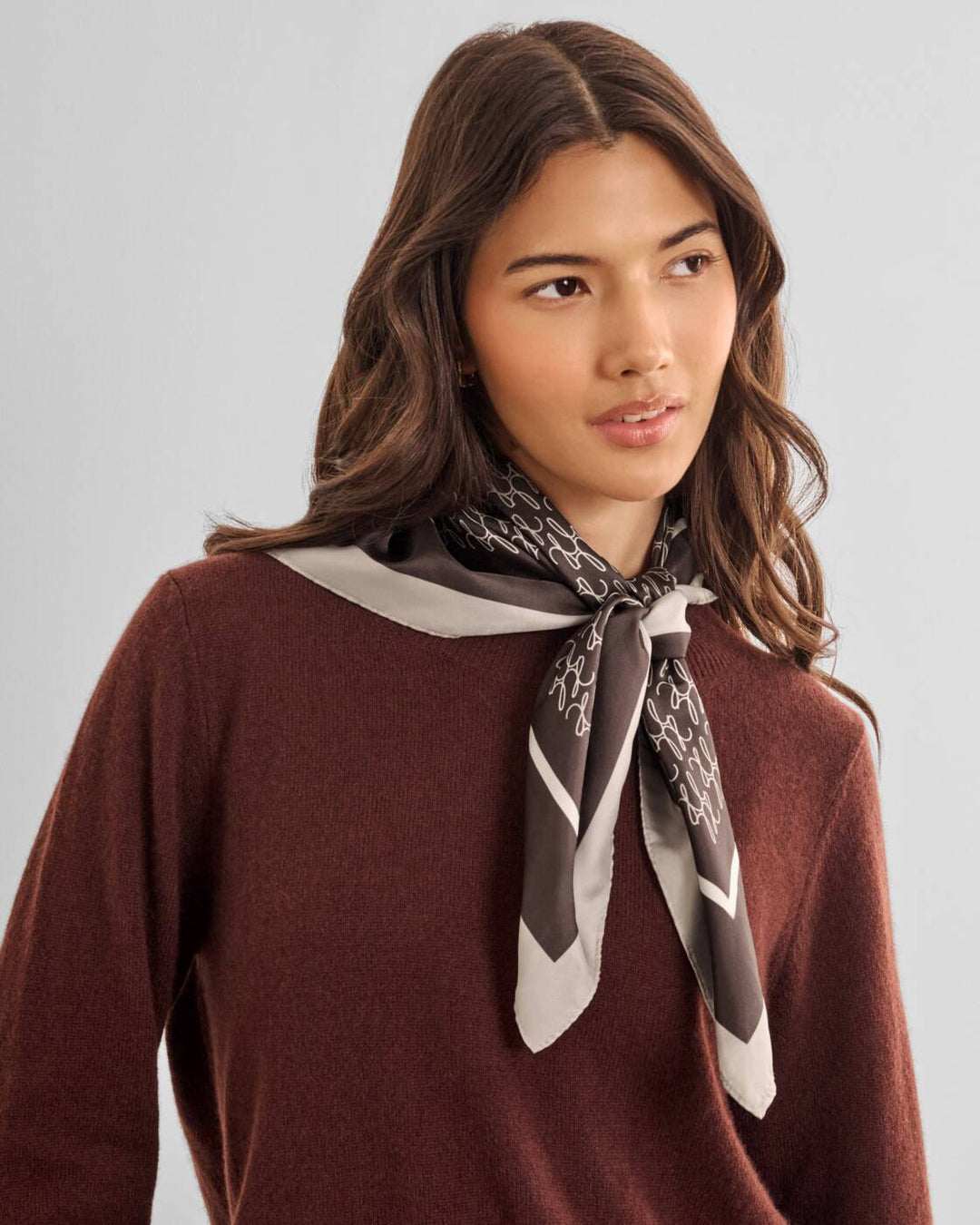 Katie Loxton Satin Multiway Scarf KL Script Logo Chocolate Taupe Off White