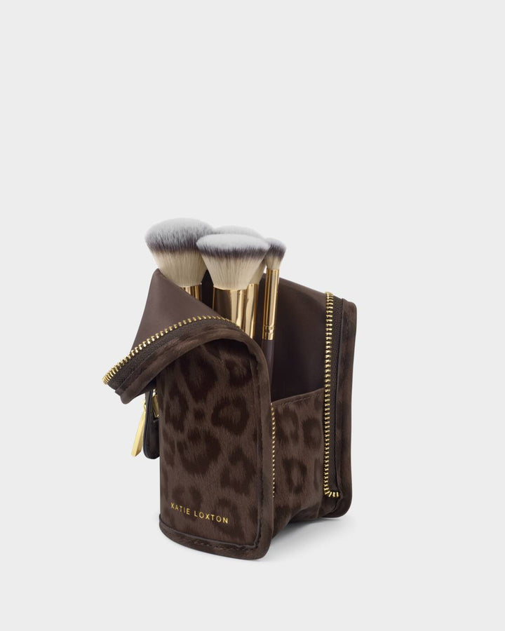 Katie Loxton Make Up Brush Set Chocolate Leopard Bitter Chocolate