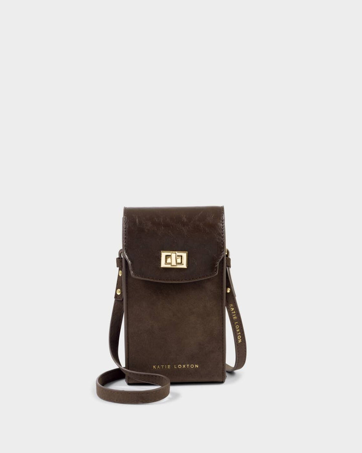 Katie Loxton Orin Twist Lock Slim Bag Bitter Chocolate Suedette Chocolate Distressed