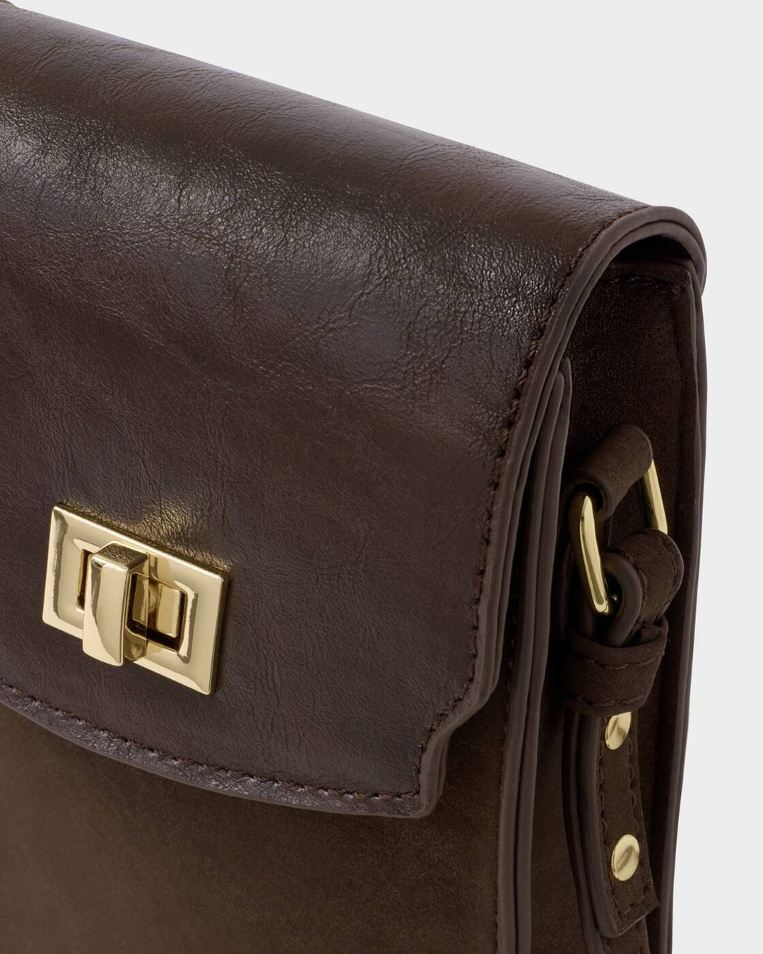 Katie Loxton Orin Twist Lock Slim Bag Bitter Chocolate Suedette Chocolate Distressed